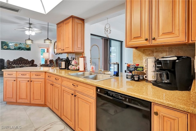 kitchen featuring tasteful backsplash, light tile patterned floors, black dishwasher, ceiling fan, and kitchen peninsula