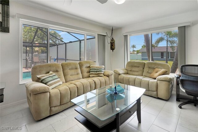 living room featuring light tile patterned flooring