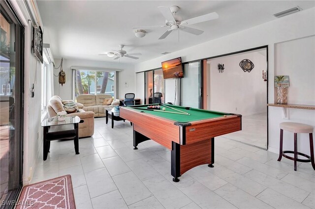 playroom featuring ceiling fan, billiards, and light tile patterned flooring