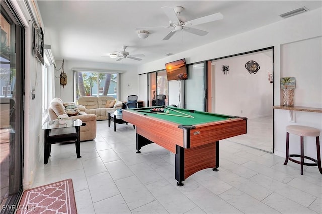 rec room with pool table and ceiling fan