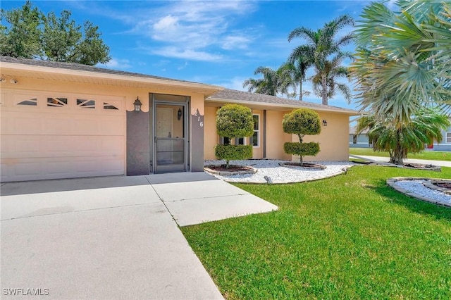 single story home with a front lawn and a garage