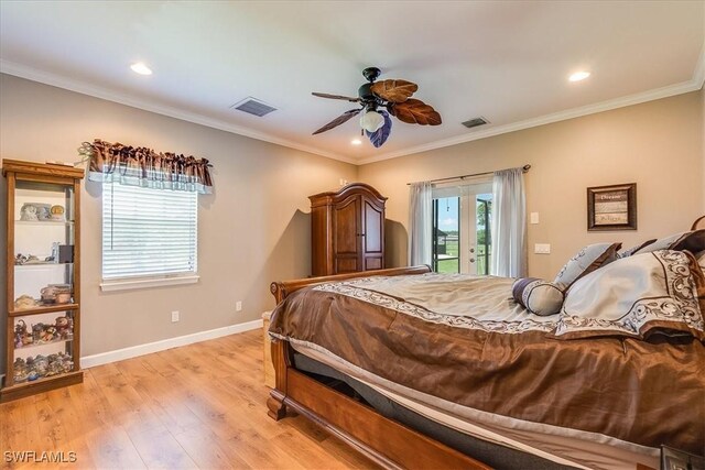 bedroom with light hardwood / wood-style flooring, french doors, crown molding, access to outside, and ceiling fan