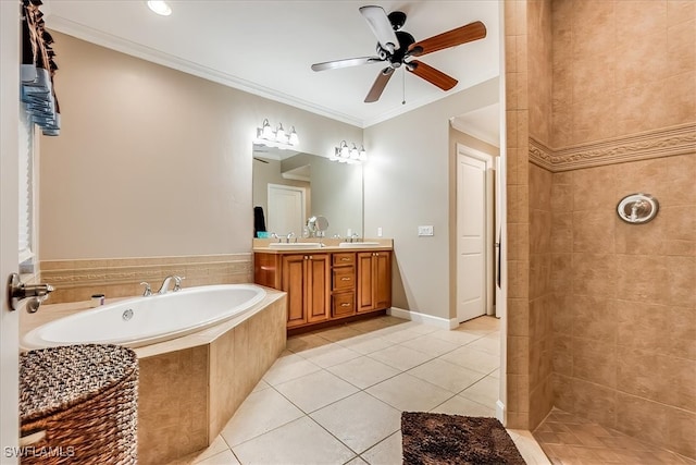 bathroom with tiled bath, vanity, tile patterned flooring, crown molding, and ceiling fan