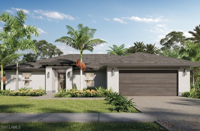 view of front facade with a garage and a front lawn