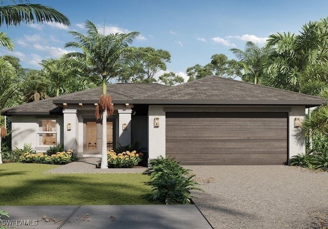 view of front of house featuring a garage, a front yard, driveway, and stucco siding