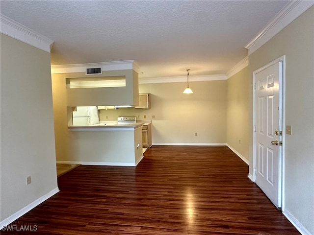 unfurnished living room featuring crown molding, a textured ceiling, and dark hardwood / wood-style floors