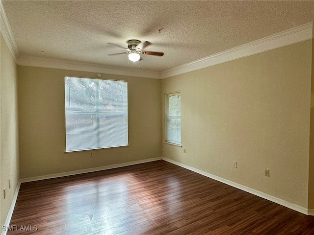 spare room with ornamental molding, ceiling fan, a textured ceiling, and dark hardwood / wood-style flooring