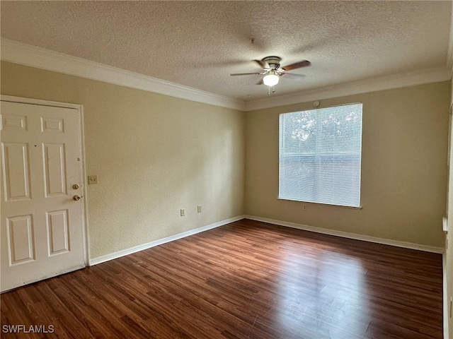 spare room featuring a textured ceiling, crown molding, wood-type flooring, and ceiling fan