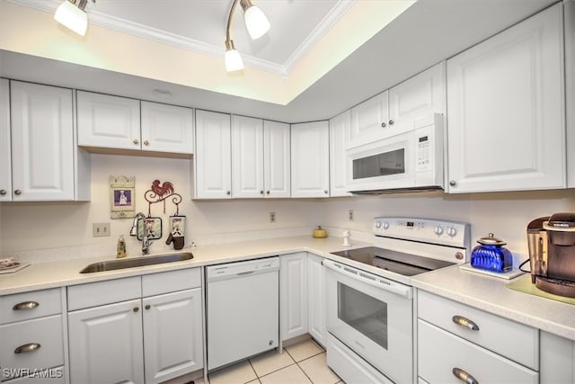 kitchen featuring white cabinetry, light tile patterned flooring, ornamental molding, white appliances, and sink