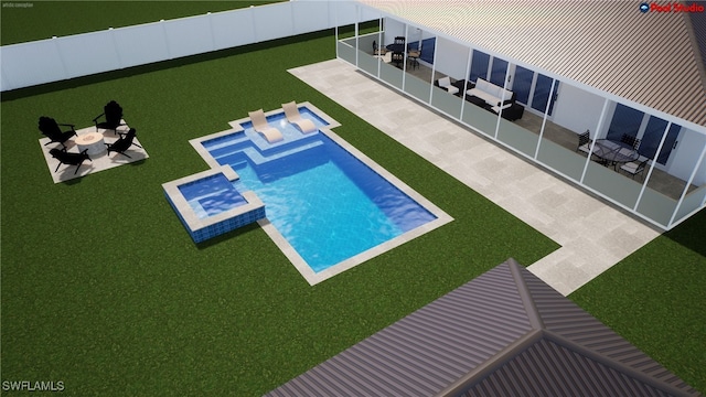 view of swimming pool featuring a pool with connected hot tub, an outdoor fire pit, fence, and a patio