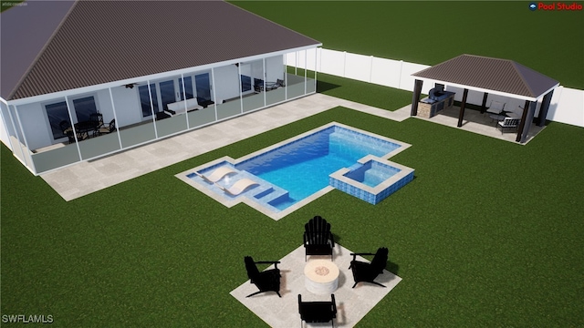 view of swimming pool with a gazebo, a yard, a patio, and a fenced backyard