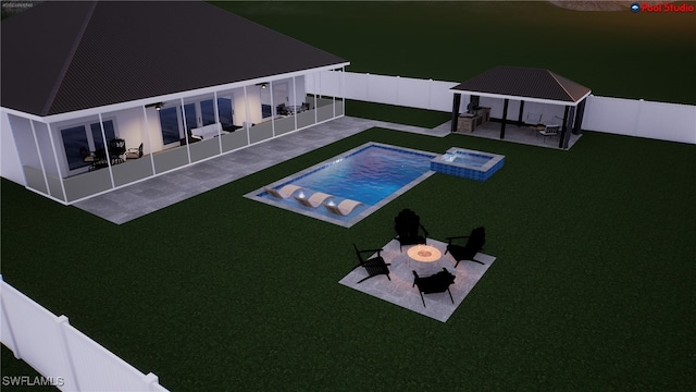 view of pool with a patio, a lawn, a gazebo, an outdoor fire pit, and a fenced backyard