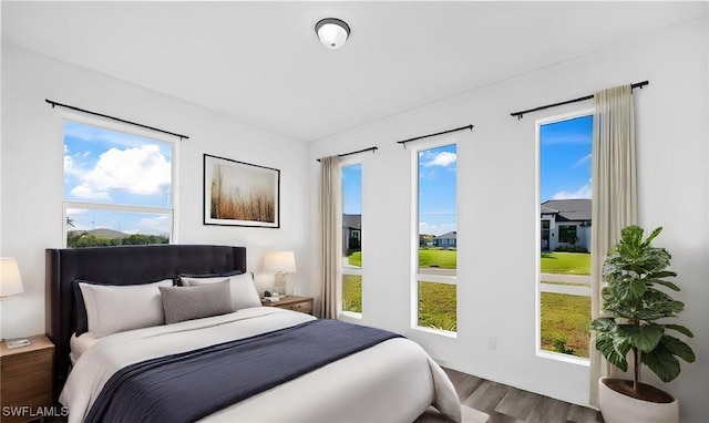 bedroom with multiple windows and wood finished floors