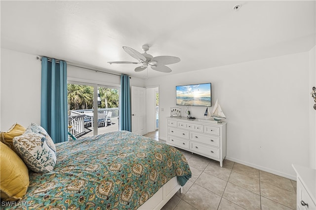 tiled bedroom featuring access to exterior and ceiling fan