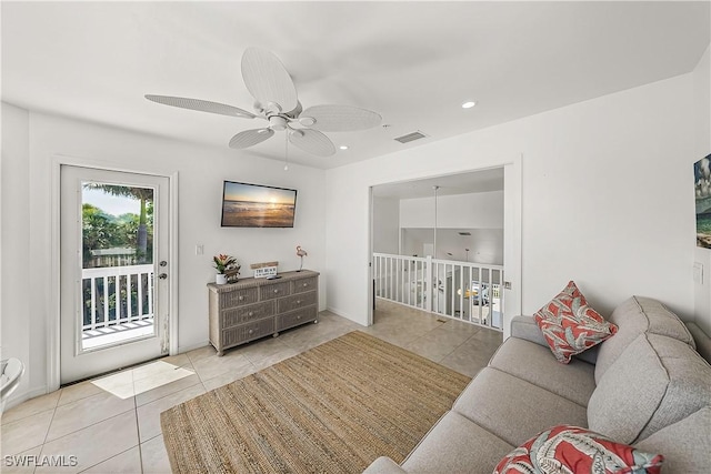 4501 Seair Ln, Upper Captiva, FL 33924 - living room with light tile patterned floors, ceiling fan, and recessed lighting