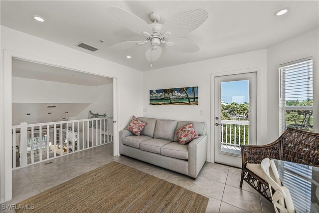 4501 Seair Ln, Upper Captiva, FL 33924 - living room with a ceiling fan, tile patterned flooring, and recessed lighting