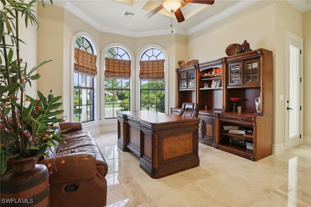 office area with ceiling fan, ornamental molding, and plenty of natural light