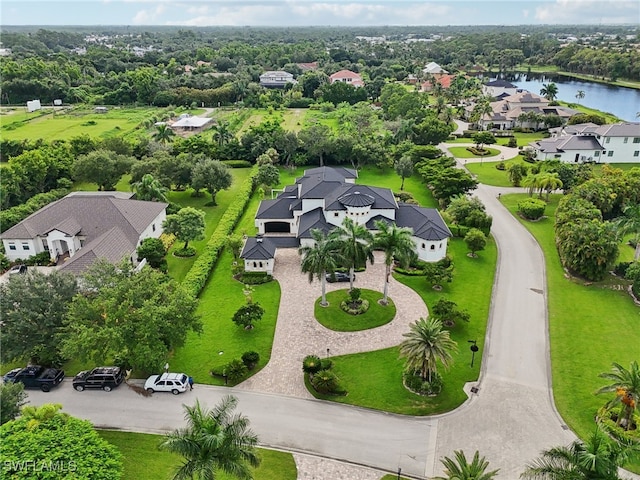 aerial view featuring a water view