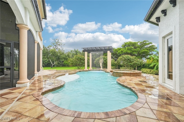 view of pool with an in ground hot tub, a pergola, a patio, and french doors