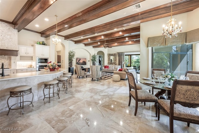 dining room with visible vents, beam ceiling, arched walkways, a notable chandelier, and marble finish floor