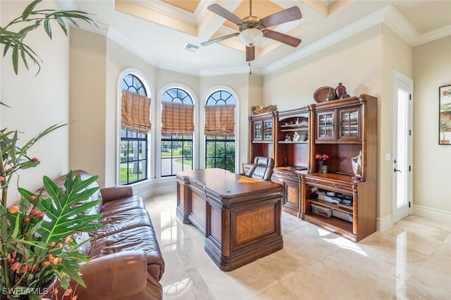 office space featuring visible vents, a ceiling fan, coffered ceiling, crown molding, and baseboards