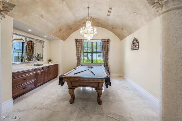 rec room featuring baseboards, lofted ceiling, recessed lighting, an inviting chandelier, and billiards