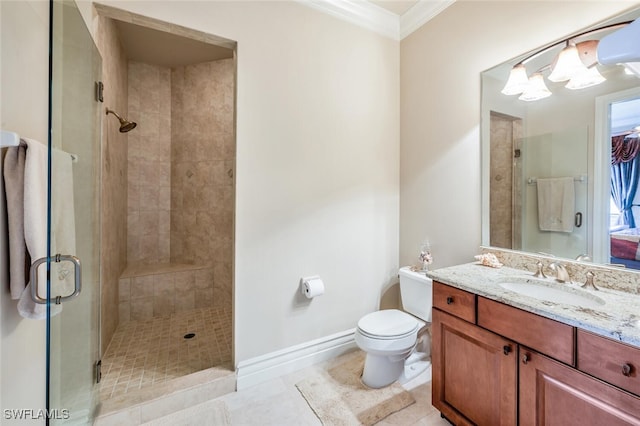 full bathroom with a shower stall, toilet, and crown molding