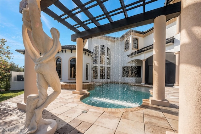 view of swimming pool featuring a patio area, french doors, a pergola, and a pool with connected hot tub