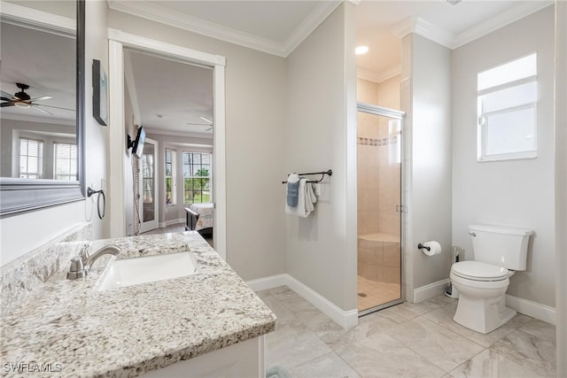 bathroom featuring ceiling fan, a shower with door, toilet, ornamental molding, and tile patterned floors