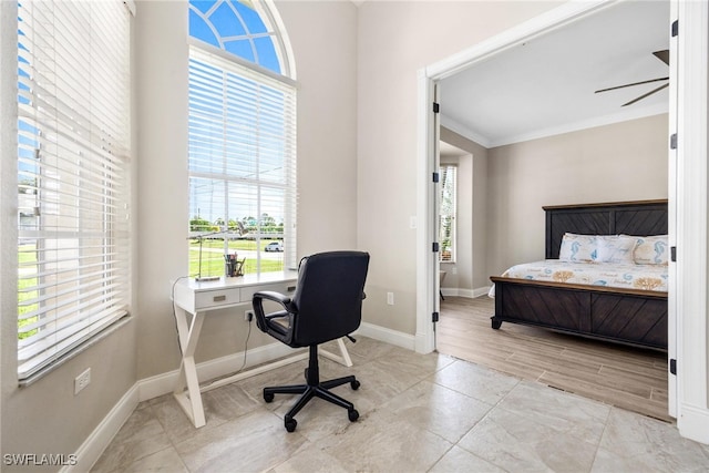 bedroom with light hardwood / wood-style flooring and ornamental molding