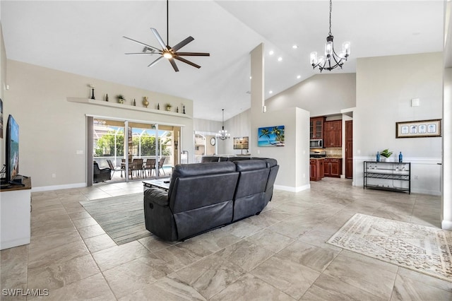 living room featuring high vaulted ceiling and light tile patterned floors