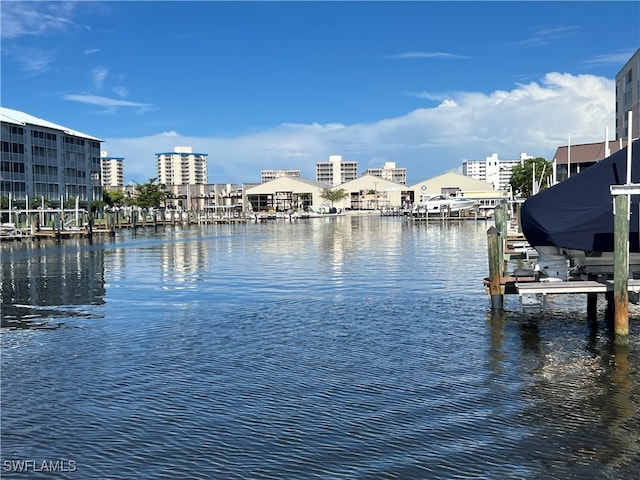 view of water feature with a boat dock