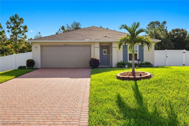 single story home with a front lawn and a garage