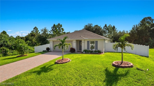 ranch-style house with a front lawn and a garage