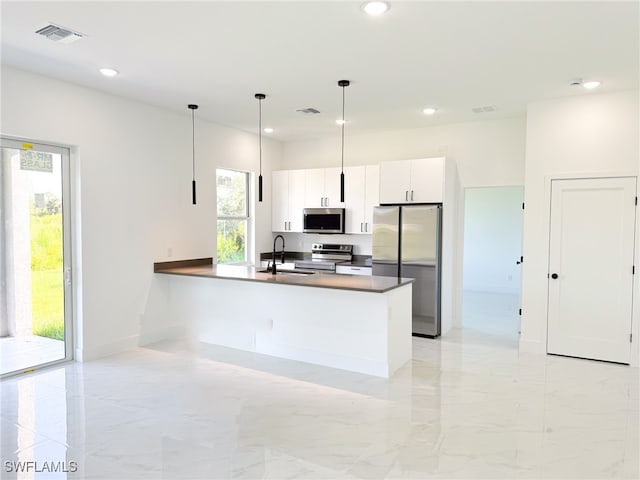 kitchen featuring white cabinetry, stainless steel appliances, hanging light fixtures, and sink