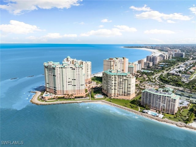 bird's eye view featuring a beach view and a water view