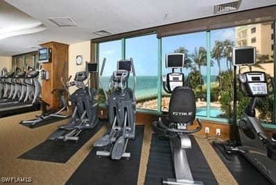 exercise room featuring carpet