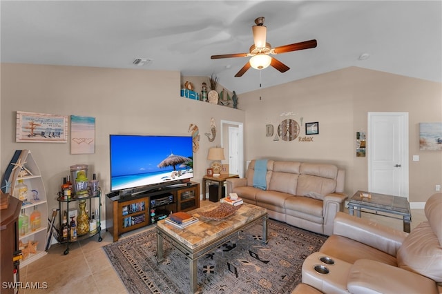 tiled living room with ceiling fan and lofted ceiling