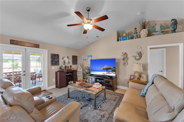 tiled living room featuring high vaulted ceiling, french doors, and ceiling fan