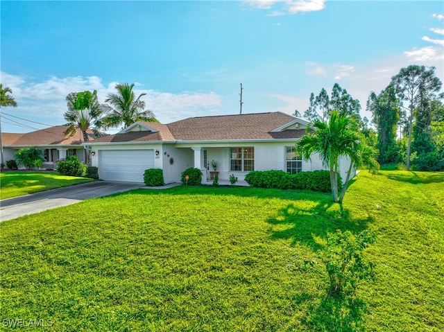 single story home with a garage and a front lawn