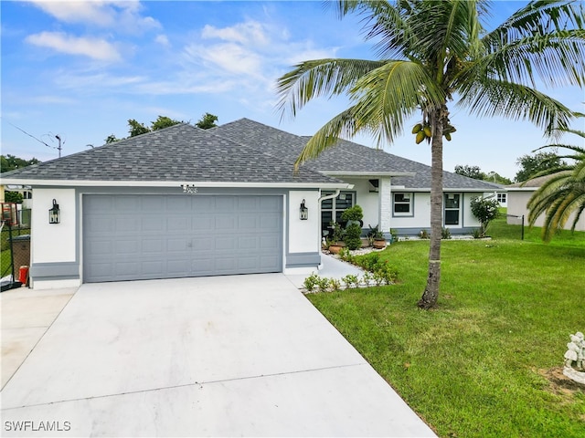 ranch-style house with a front lawn and a garage