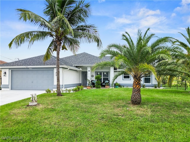 view of front facade featuring a front yard and a garage