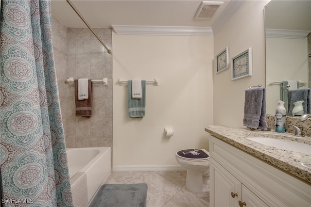 full bathroom with vanity, crown molding, shower / tub combo with curtain, and toilet