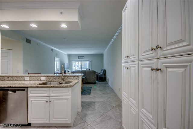 kitchen featuring sink, dishwasher, white cabinets, light stone counters, and ornamental molding