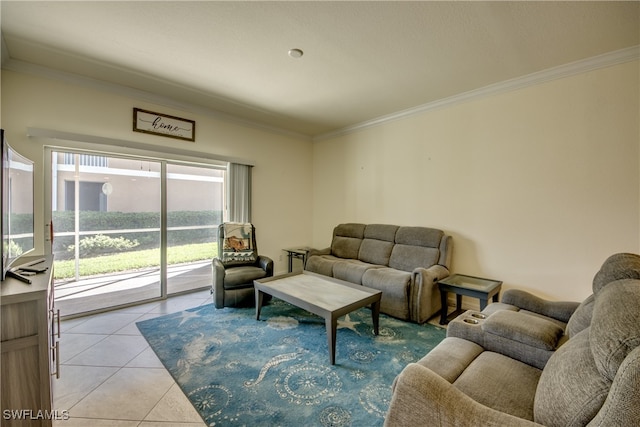 living room featuring ornamental molding and light tile patterned floors