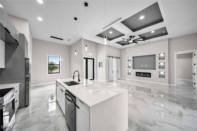 kitchen with ceiling fan, hanging light fixtures, dishwasher, coffered ceiling, and beamed ceiling