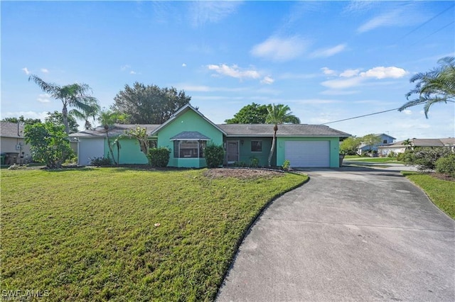 single story home featuring stucco siding, driveway, a front yard, and an attached garage