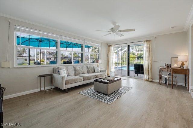 living room featuring ceiling fan, crown molding, and light wood-type flooring