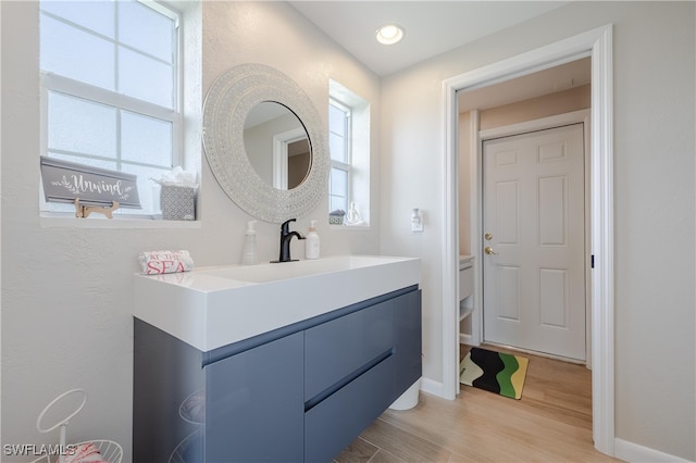 bathroom featuring a wealth of natural light, vanity, and wood-type flooring