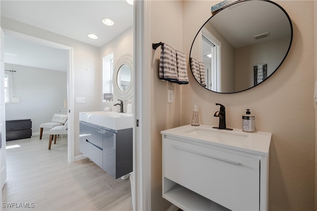 bathroom with wood-type flooring and vanity